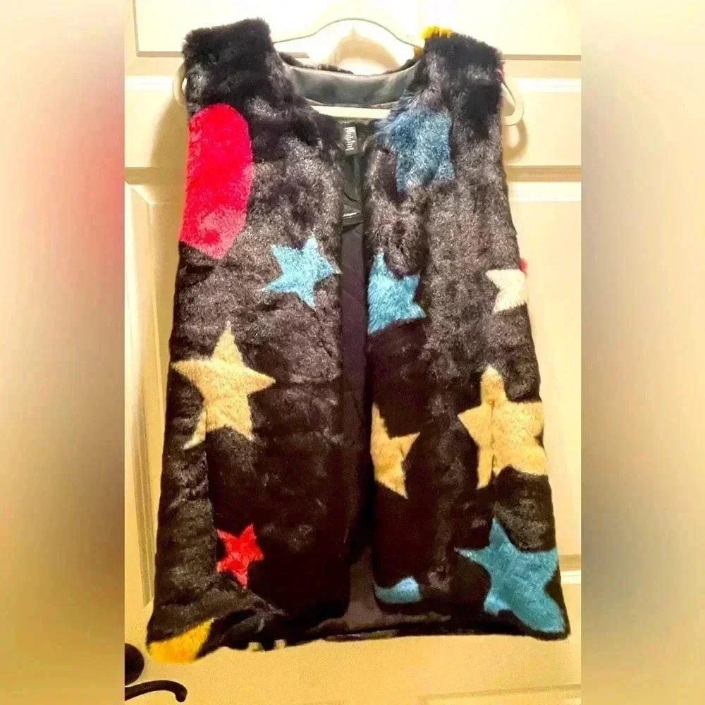 INC International Concepts Black Faux Fur Vest with Multicolor Star Pattern